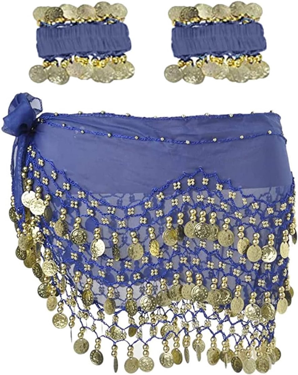 Buikdans-heupdoek met armband, 128 munten, buikdans-rok, wikkel-riem met pols, enkelarmbanden, dansen, rokken, riem, tailleketting voor buikdans, zumba of yoga-klasse, performance-kostuum, Royan Blue