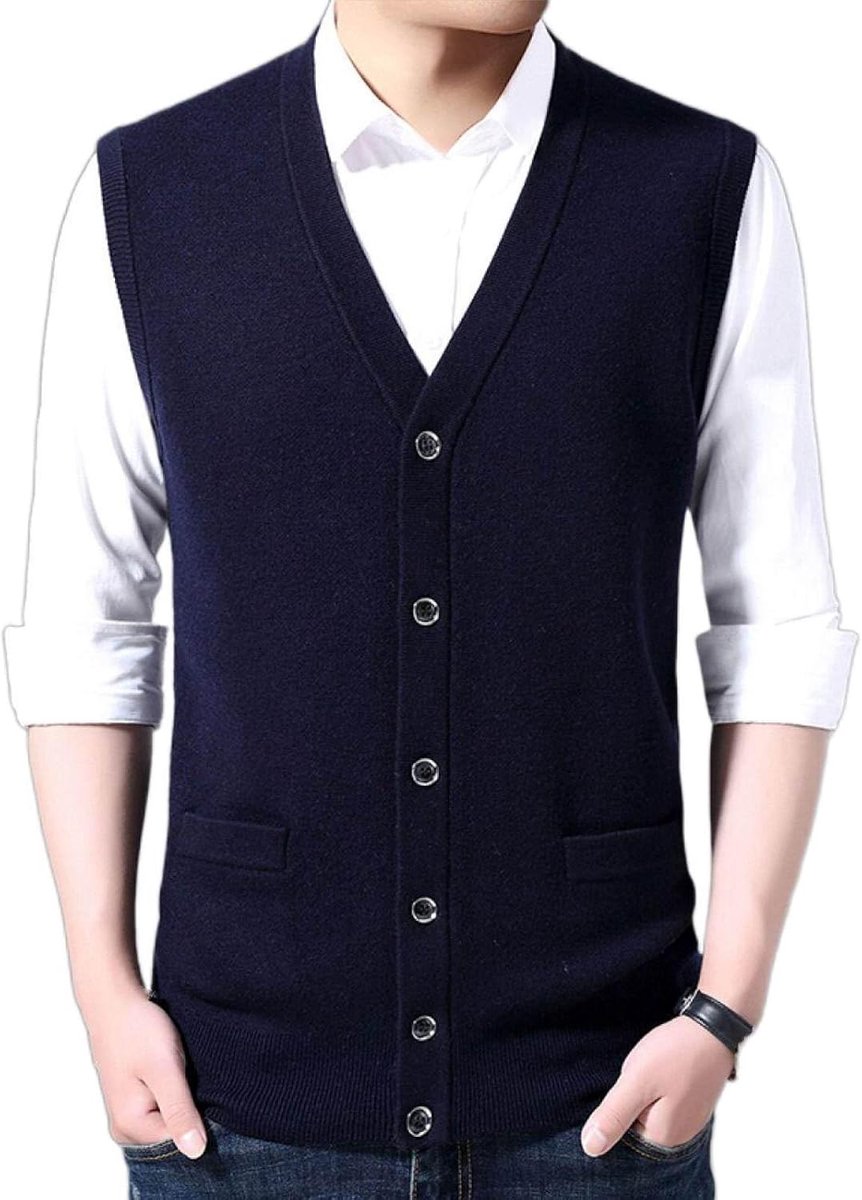 Vest Voor Heren Met V-Hals, Jeugdmode Gebreid Vest Voor Heren Bovenkleding Casual Trendy Trui, Klassieke Zakelijke Heren Gebreid Vest Vest Trui Vest Tanktops, Marineblauw, S