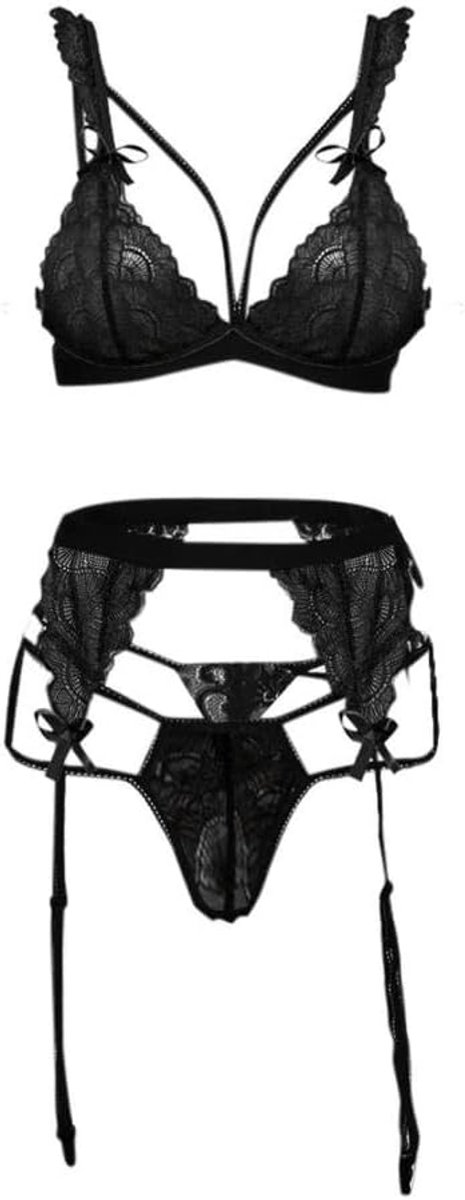 Dames Vrouwen Sexy Lingerie Kanten Beha Kousenband Porno Sexy Ondergoed Erotische Lingerie Transparante Nachtkleding Dames Set-Black_M
