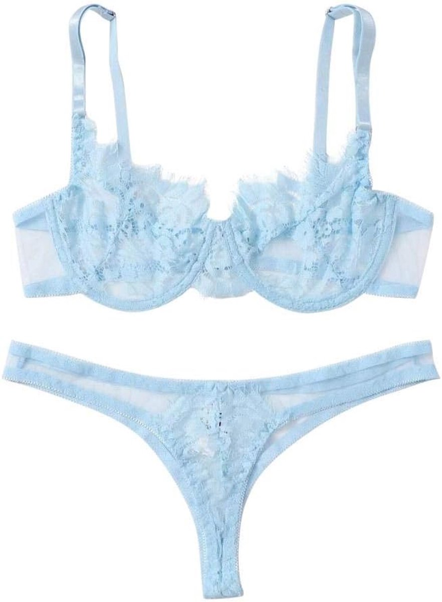 Sexy dames erotische lingerie 2 ST Sexy Lingerie Vrouwen String Verleiding Porno Erotische Ondergoed Kanten Beha Transparante Dames Nachtkleding Sets-Blue_M