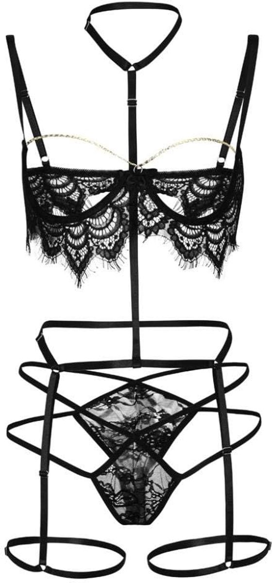 Dameskleding 3 ST Sexy Lingerie Vrouwen Lace Open Bh G-String Kousenband Nachtkleding Verleiding Erotische Ondergoed Porno Hol Kostuum