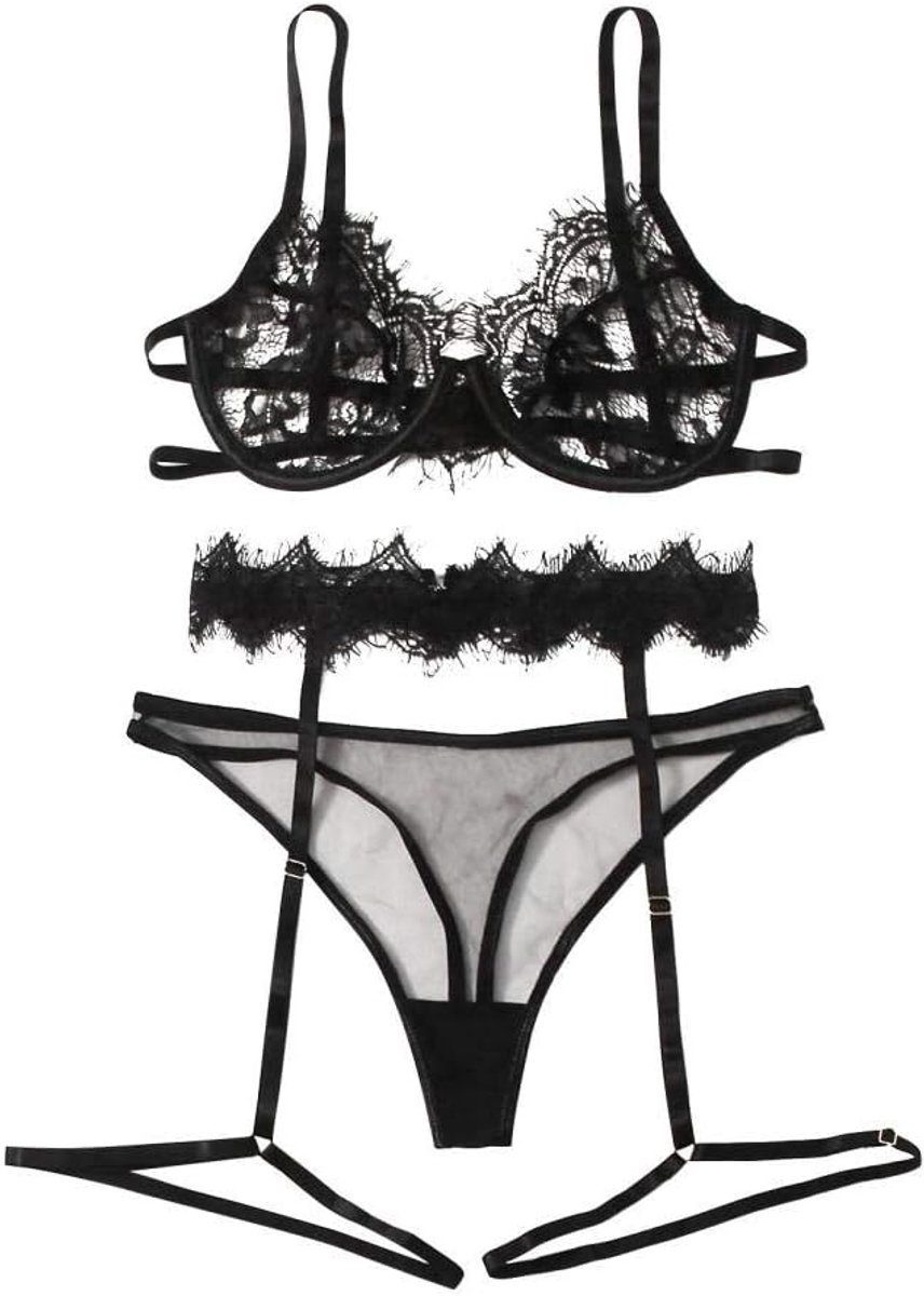 Dameskleding sexy lingerie doorzichtige kant uitgehold sex corset beha string vrouwelijk ondergoed set-Black_3XL