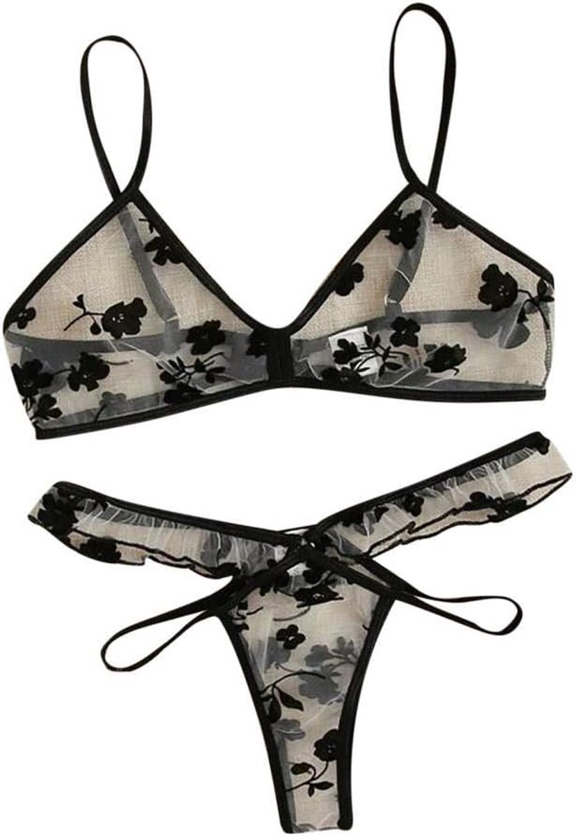 Sets met nachtmode & ochtendjas Vrouwen Sexy Lingerie Kostuums Transparante Kanten Beha Sexy Ondergoed Set-Negro_L