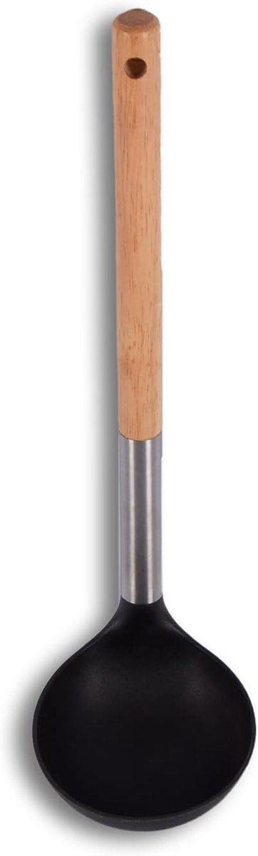 Soeplepel Siliconen 31.5cm, RVS & Hout, Zwart/Zilver I Lichtgewicht 50g, Ideaal voor Soepen I Soeplepelhout Design