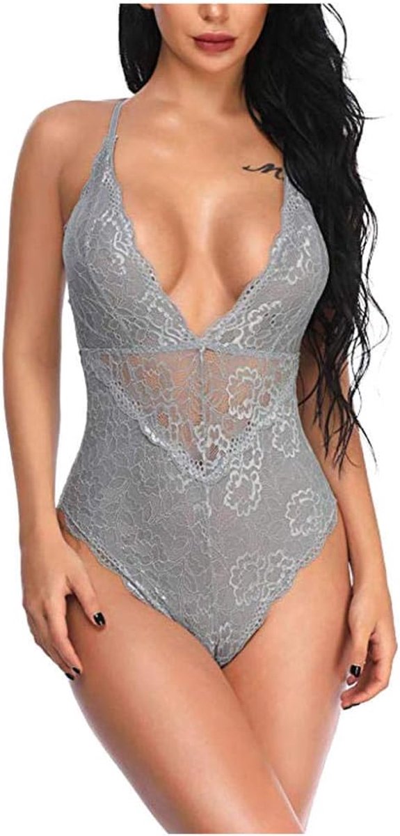 Lingeriesets dames Dames Ondergoed Sexy Lingerie Kanten Beha Diepe V-hals Ruglooze Erotische Verleiding Perspectief Ladies-Grey_L