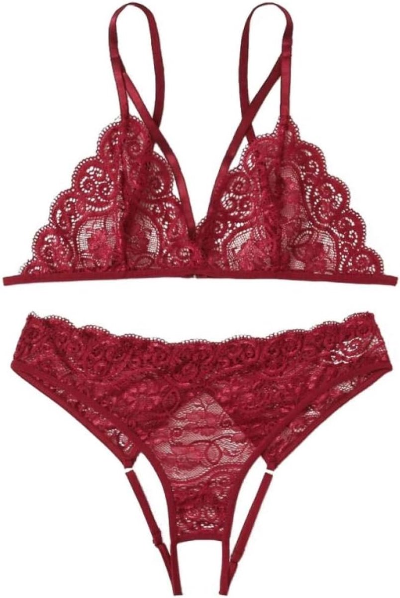 Lingerie Dameslingerie Porno Vrouwen Plus Size Sexy Kanten Lingerie Bh + String Ondergoed Verleiding Perspectief Diepe V Dames Nachtkleding Set-Wine_M