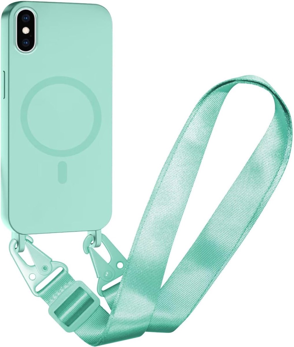 Compatibel met iPhone XS Max draadloos opladen, schokbestendig, verwijderbaar telefoonhoesje met verstelbare nekband, ketting, zachte hoes voor iPhone XS Max, mintgroen