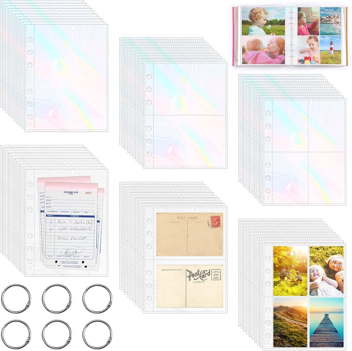60 stuks fotohoezen, hoezen voor kaarten met 1/2/4 vakken, A5 voor ansichtkaarten, laserdesign, transparante fototas met 6 bladringen