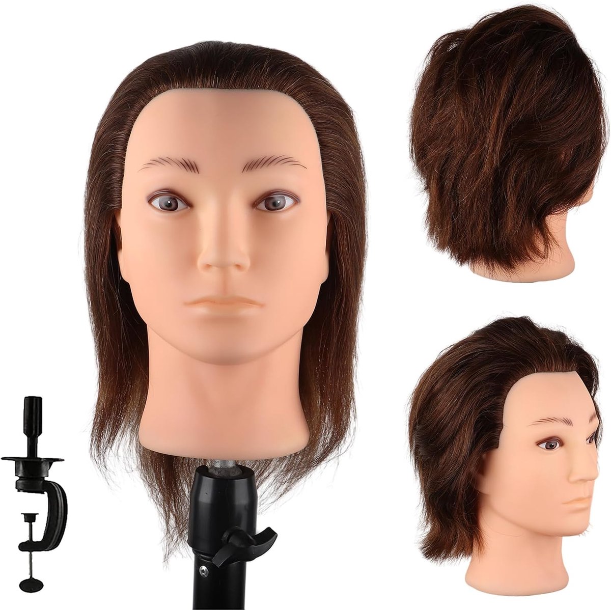 Mannequin mannelijk met 100% menselijk haar, mannelijk kapsel, oefenhoofd met dik haar, kapper, mannequin, poppenhoofd voor training, haarstyling (bruin, 35 cm)