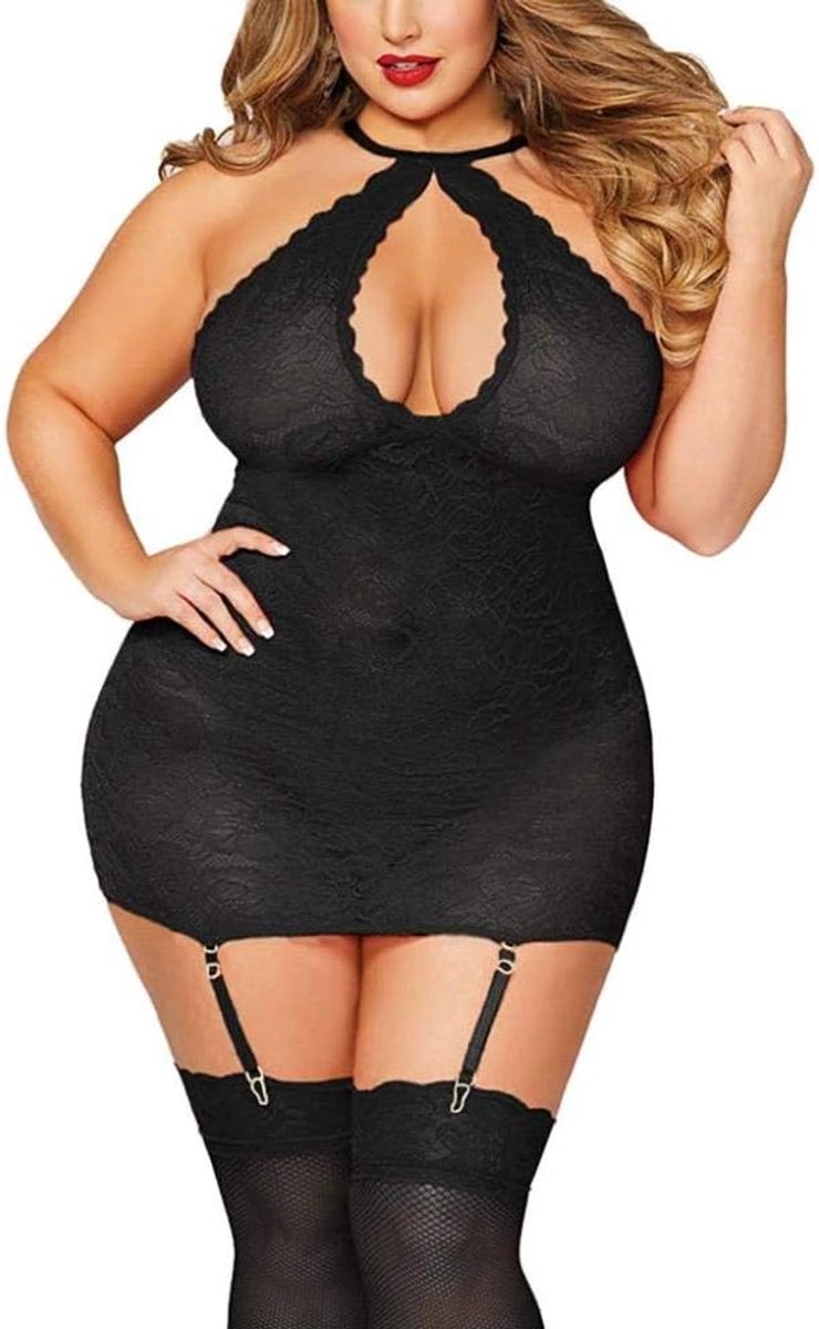 Dames Vrouwen Sexy Lingerie Halter Plus Size Kanten Kousenband Verleiding Erotische Porno Ondergoed Dames Set-Black_3XL
