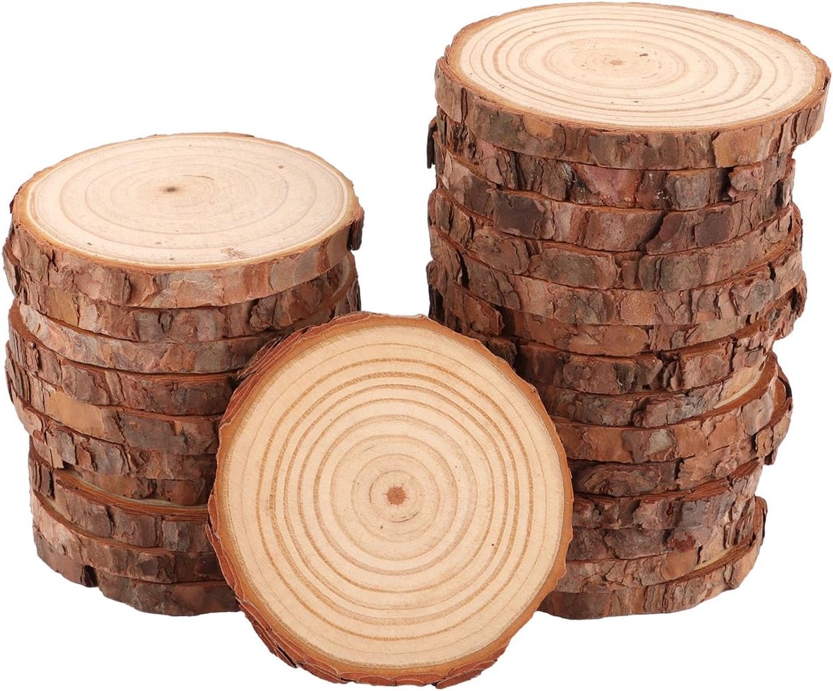 25 stuks houten schijven, 9-10 cm, boomschijven zonder gat, ronde houten schijf, klein, houten schijven om te knutselen, 10 mm dik, voor doe-het-zelf, handwerk, bruiloft, kerstdecoratie