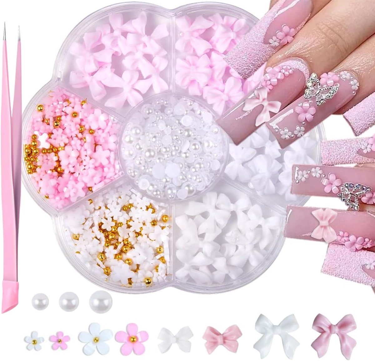 Bloemnagelbedels en platte kralenset, 3D acryl strikken roze strik voor nageljuwelen DIY nagelkunstdecoratie