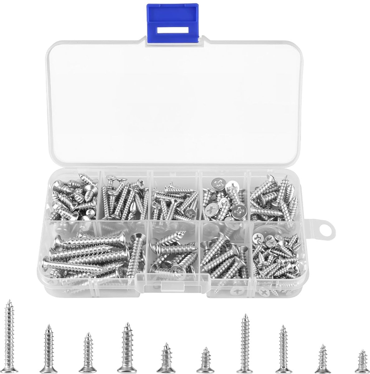 Schroevenset, 228 stuks, M3/M4/M5 platte kopschroeven, torx-schroeven, verzonken kop, kruiskopschroeven, metalen schroeven, zelfborende schroeven voor houtbewerking (10 maten)