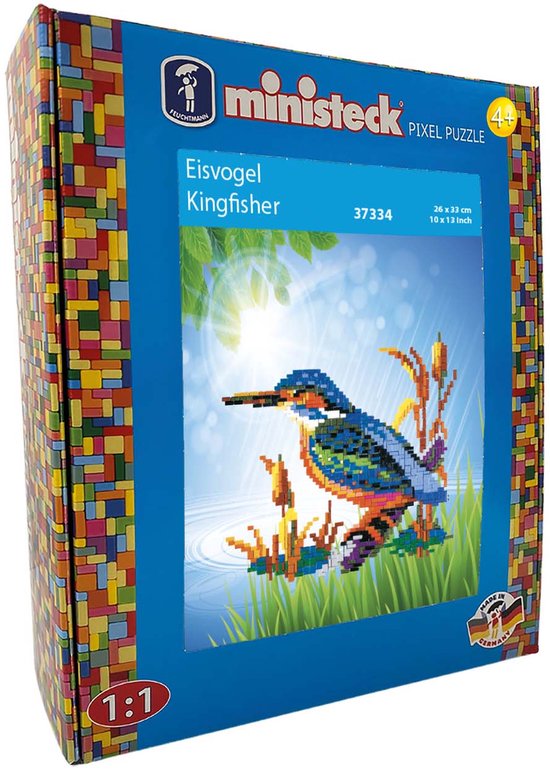 Doos Ministeck Pixel Puzzel met een afbeelding van een ijsvogel zittend op riet. De puzzel is 26 x 33 cm.