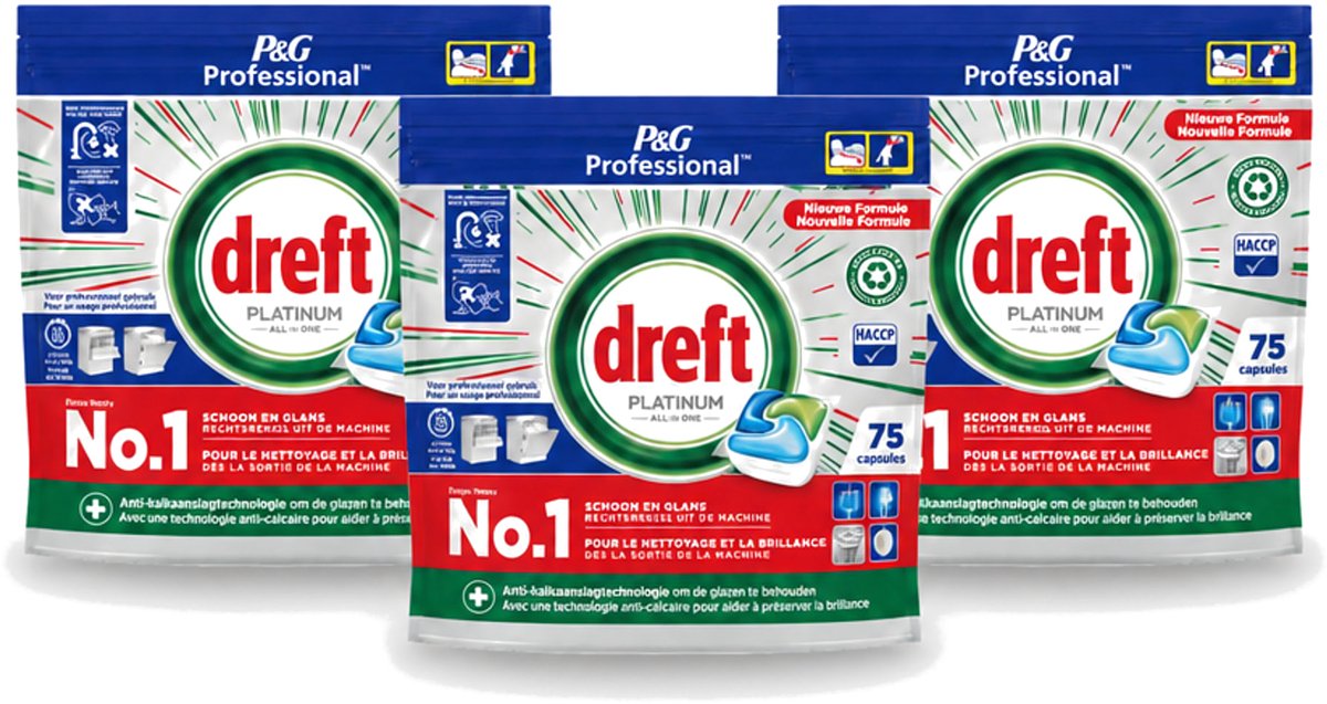 3 x Dreft Professional - Platinum - All In One - Vaatwascapsules - 75 Afwasbeurten - Voordeelverpakking - 3 stuks
