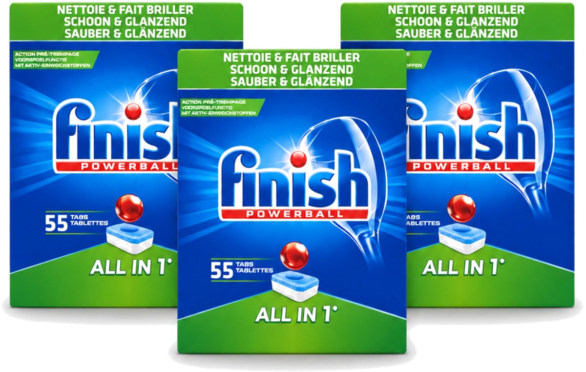 3 x Finish Powerball - All in 1 - Vaatwastabletten - Schoon & Glans - 55 Tabletten - Voordeelverpakking - 3 stuks