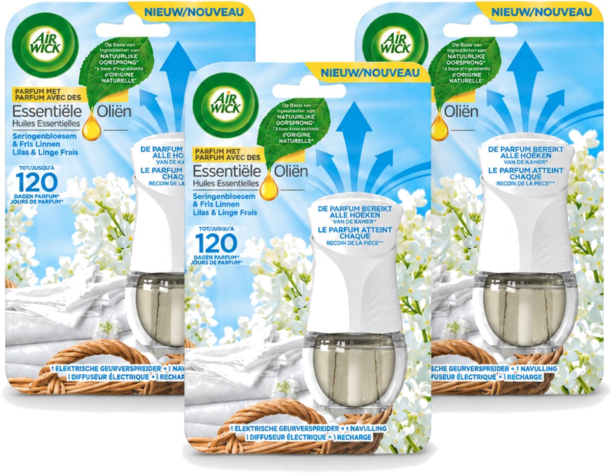 3 x Air Wick Essential Oils - Elektrische Geurverspreider Starterkit - Sering & Fris Linnen - 19ml - Bulkverpakking - 3 stuks