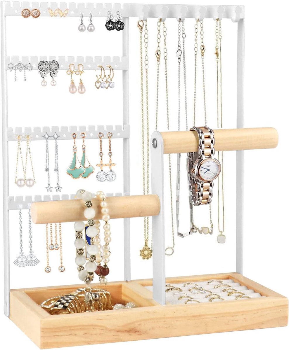 SnelShoppen - Kingling Sieradenstandaard, Sieradenhouder, Sieradenorganizer voor Kettingen, Oorbellen, Armbanden, Ringen - Wit, Houten Basis & Metalen