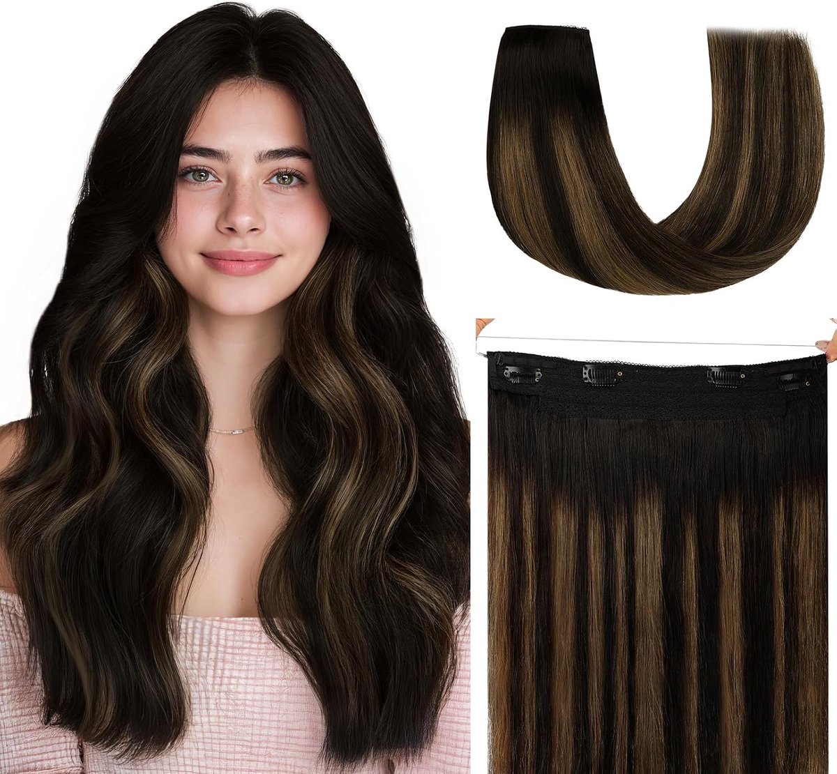 Haarextensies van echt haar, 40 cm 95 g Remy haarverlenging met draad Invisible Secret draad extensies van echt haar Fish Line haarextensies natuurlijk zwart gemengd met goudbruin