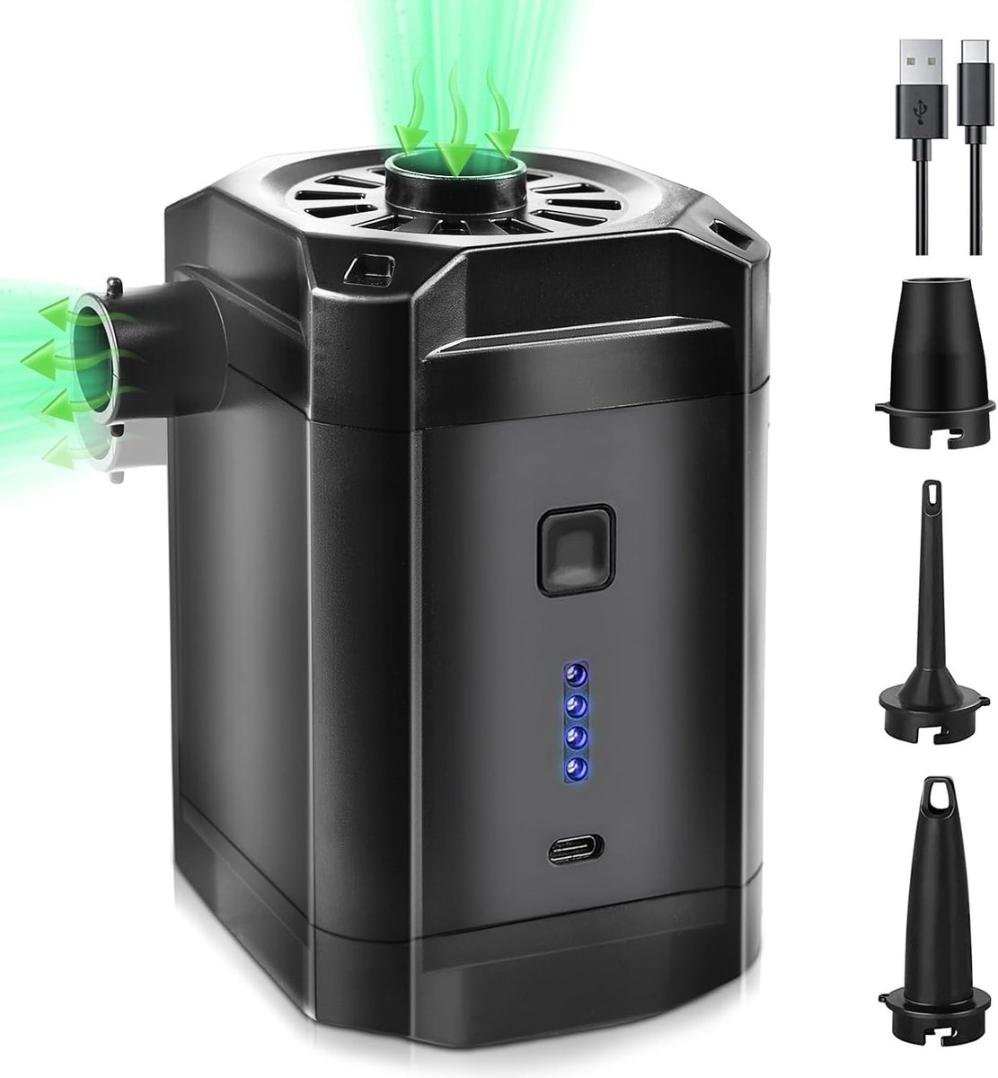 Elektrische luchtpomp met accu, luchtbedpomp 5200mAh oplaadbaar, 2-in-1 mini elektropompen met accu en USB, 3 luchtsproeiers voor opblaasbare matras, bank, zwembad, opblaasbare boot