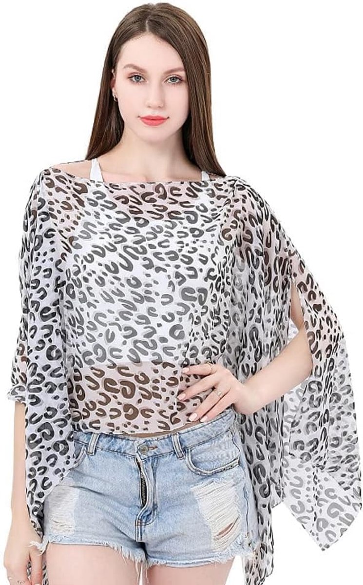 Tuniek strandponcho luipaardpatroon bovendeel dames V-hals blouse lichte strandblouse zomer sprei cover up voor vakantie, vrije tijd en reizen