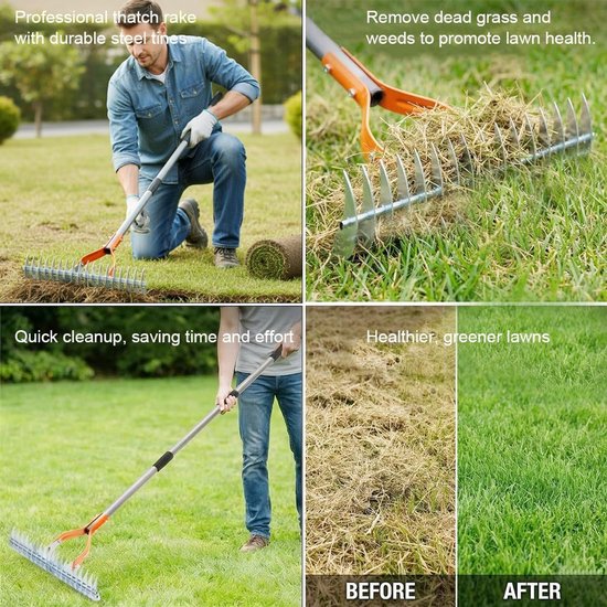 Verticuteerhark met steel, 170 cm, metalen snijhark, tuin, afneembaar, verstelbare verticuteerhark, handverticuteerhark, verticuteerhark voor gazon, binnenplaats, tuin — afbeelding 5
