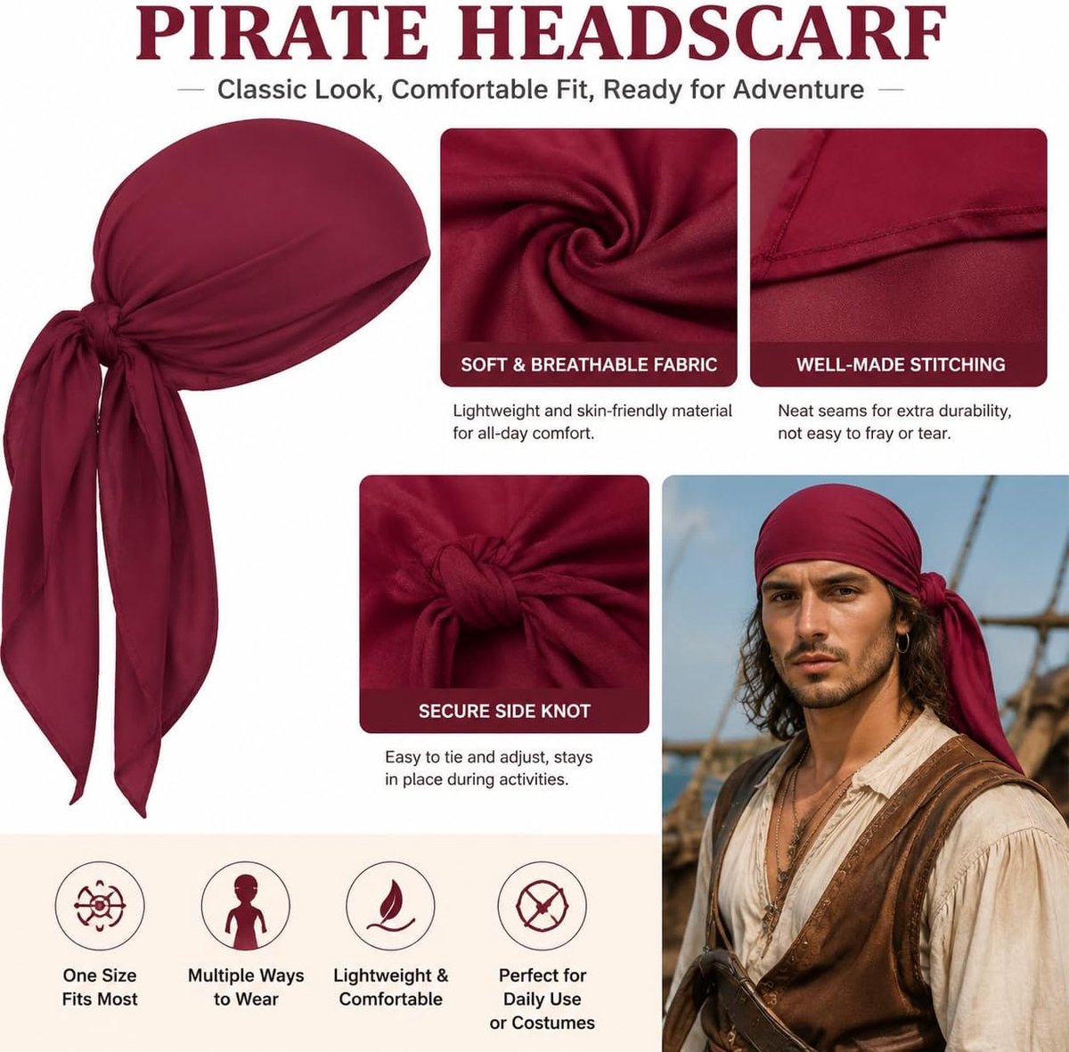 Hoofddoek en Riem Set – Rode Piraat Hoofddoek voor Dames en Heren – Ideaal voor Pirate Kostuums en Themapartijen