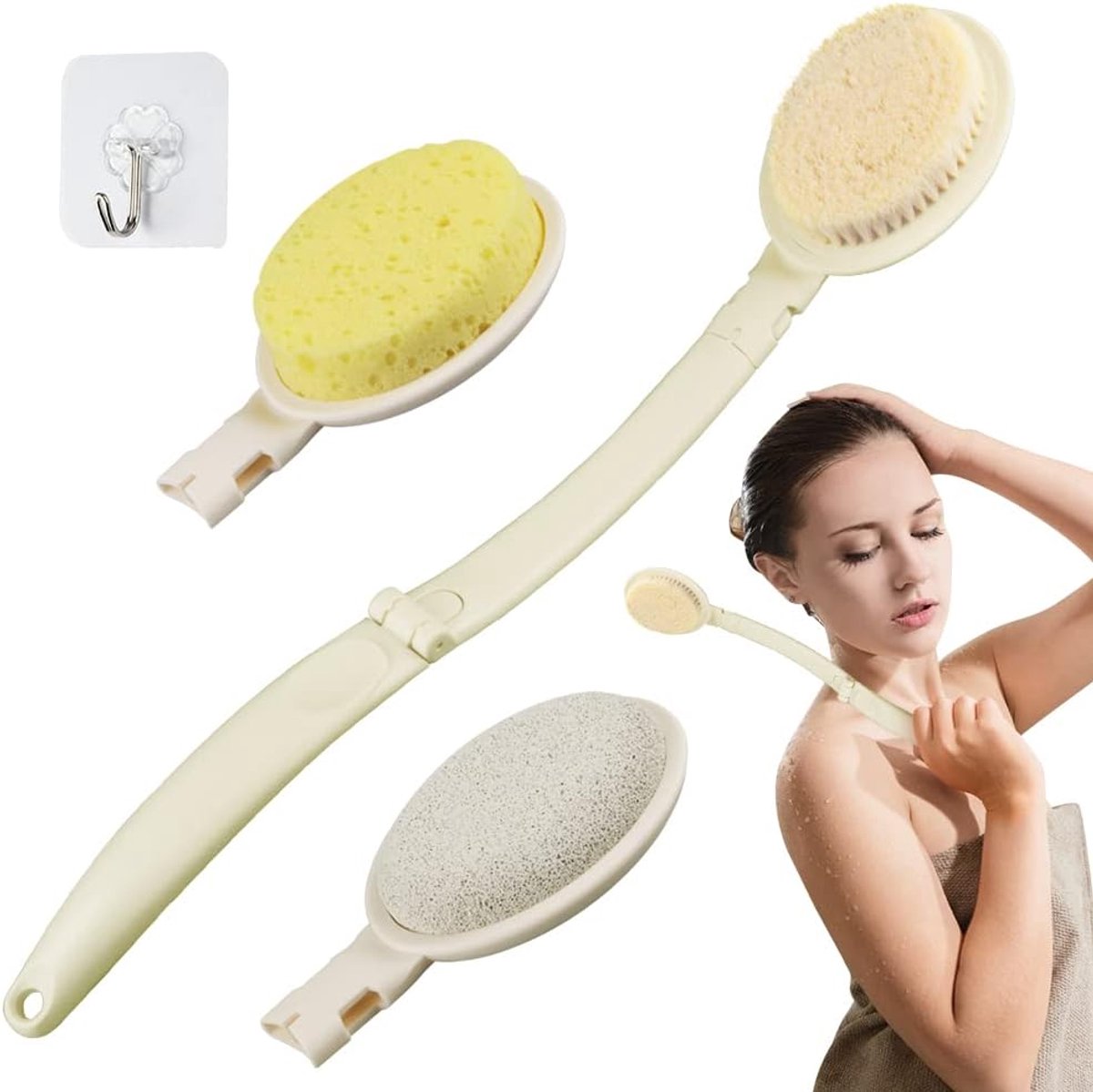 3-in-1 rugschrobber voor de douche, rugcrème applicator met lange steel spons, hoofden puimsteen, loofah rugscrubbers voor gebruik in de douche, lichaamsborstel voor exfoliëren of droge huid borstelen