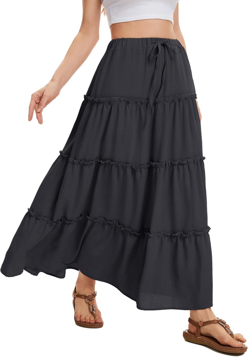 Maxi Rok voor Dames Elastische Hoge Taille met Trekkoord Zomerse Gelaagde Lange Rok met 2 Zakken Voor Dagelijks Gebruik Vakantie & Casual Draag