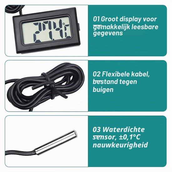 Thermometers met sensor, mini-koelkastthermometer, nauwkeurige temperatuurbewaking met externe sonde, ideaal voor koelkasten, vriezers en aquaria, temperatuurbereik -50 tot +110 °C — afbeelding 5