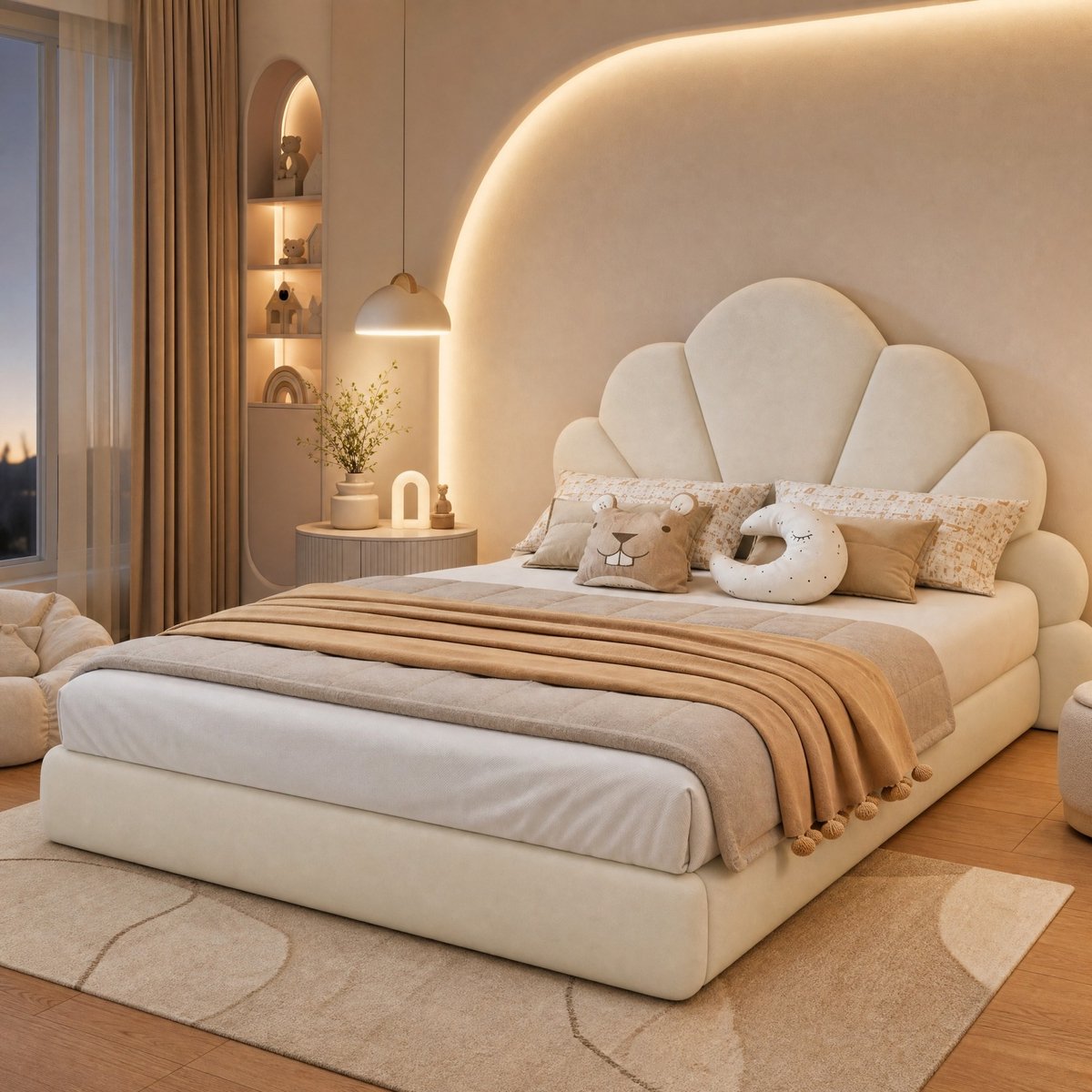 WUVRIE Gestoffeerd tweepersoonsbed 140x200 cm met bloemvormig hoofdbord en lattenbodem, beige