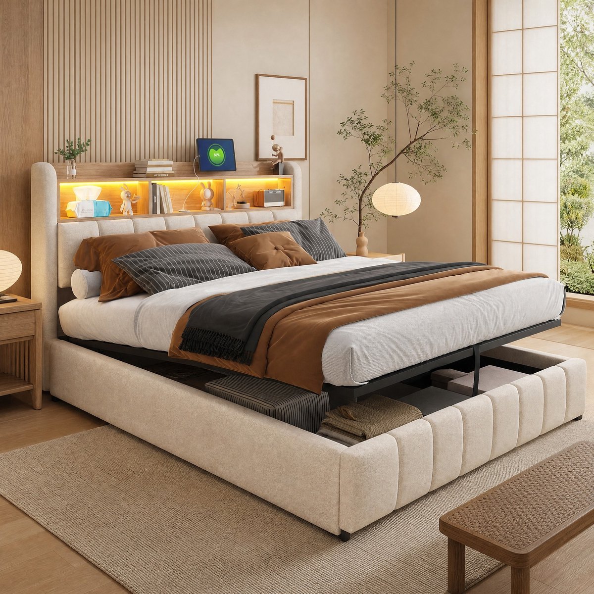 WUVRIE Gestoffeerd tweepersoonsbed 180x200 cm met LED, USB/USB-C, hydraulische opbergruimte en hoofdbord, beige