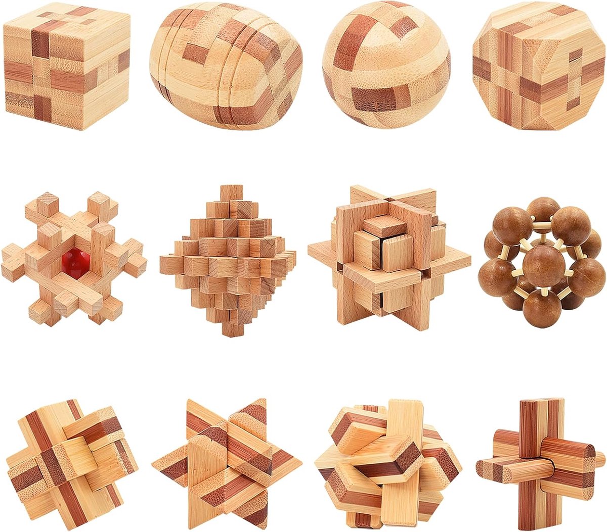 12 stuks premium 3D-houten puzzelspellen, IQ-puzzel en logicaspellen voor volwassenen en kinderen, geduldspel, brainteaser, behendigheidsspel, educatief houten speelgoed