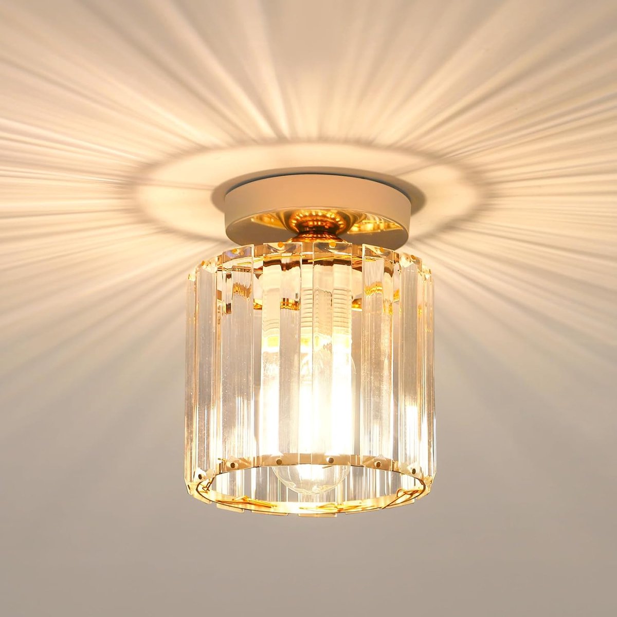 Plafondlamp, Fitting E27 Ø13 cm Moderne plafondlamp met Cilindrische Kristallen Kap, Elegante Plafondverlichting voor Woonkamer, Slaapkamer en Hal, Goud (zonder lamp)