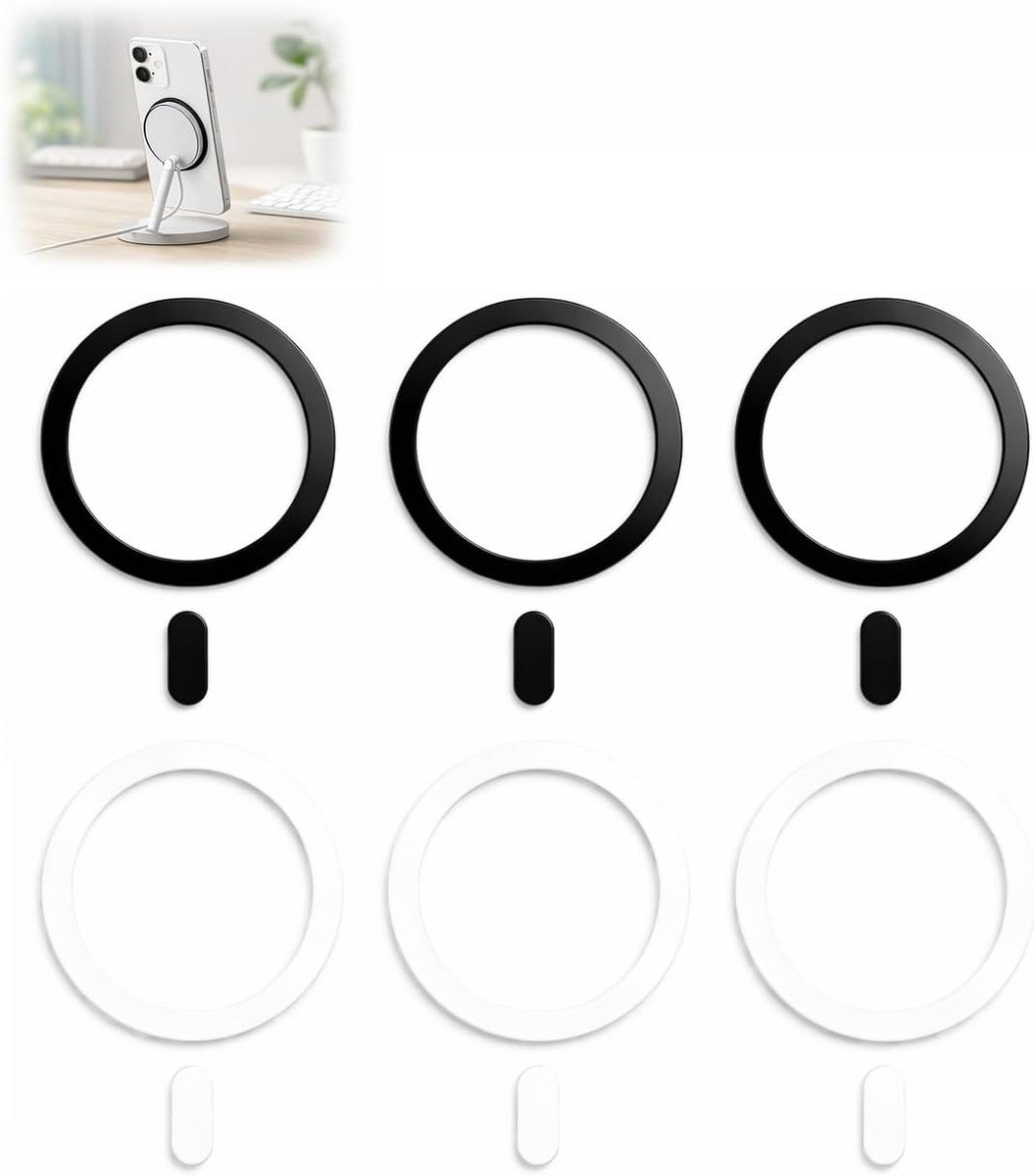 Set van 6 magnetische ringen voor telefoon, universeel, zelfklevend, ultradun, voor conversie, zelfklevend, metalen plaat, compatibel met iPhone Samsung en autohouder, zwart/zilver