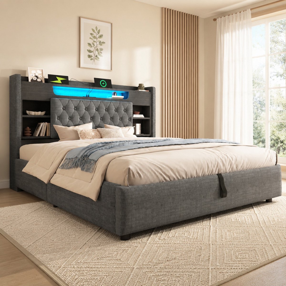 WUVRIE Gestoffeerd bed 140x200 cm met hydraulische opbergruimte, LED, USB en USB-C, grijs