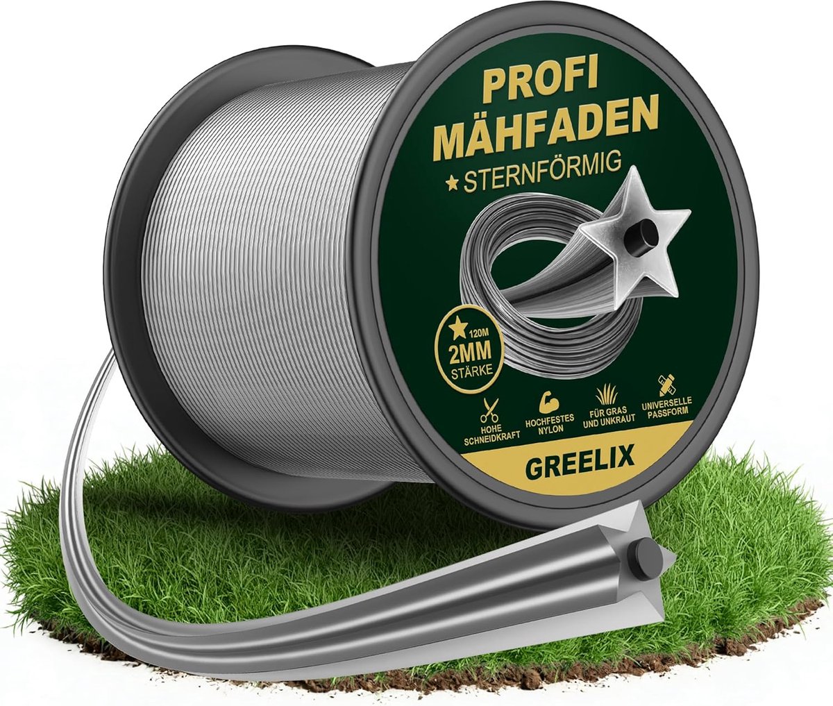 SnelShoppen - Trimmerdraad 2 mm x 120 m, Stervormig Nylon Trimmerdraad voor Grastrimmers & Motorzeisen, Versterkt Draad voor Vrije Snijders, Schone Sn