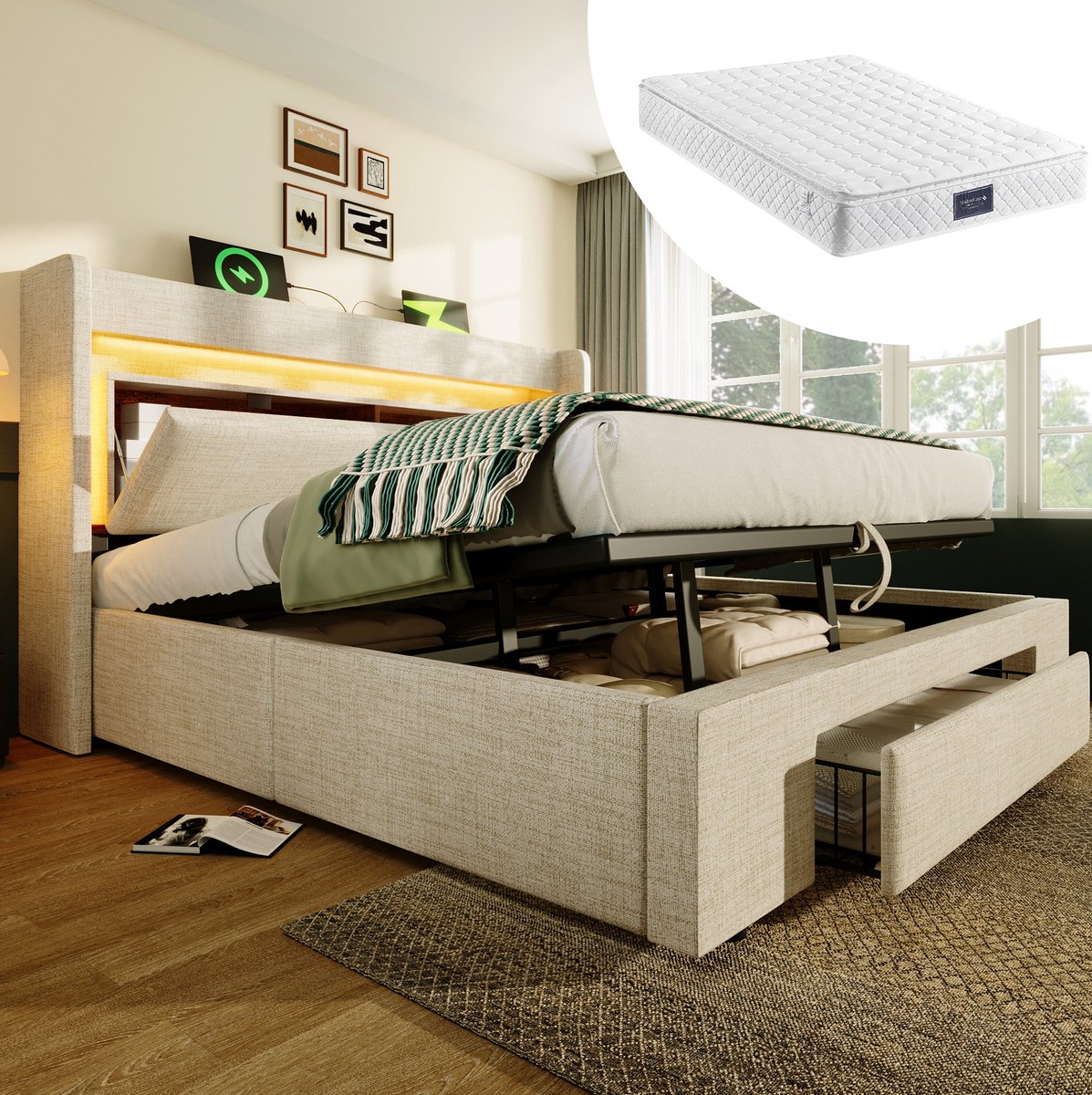 WUVRIE Bed 140x200 cm met hydraulische opbergruimte, LED, USB/USB-C en matras, beige