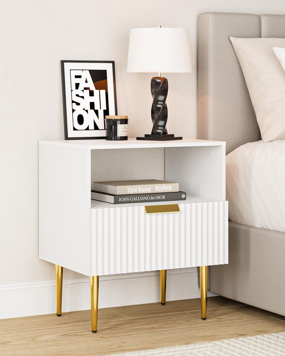 SnelShoppen - Witte Houten Nachttafel met 1 Lade en Gouden Poten 50 x 40 x 60 cm voor Slaapkamer en Woonkamer - Tijdloos Design, Elegante Afwerking