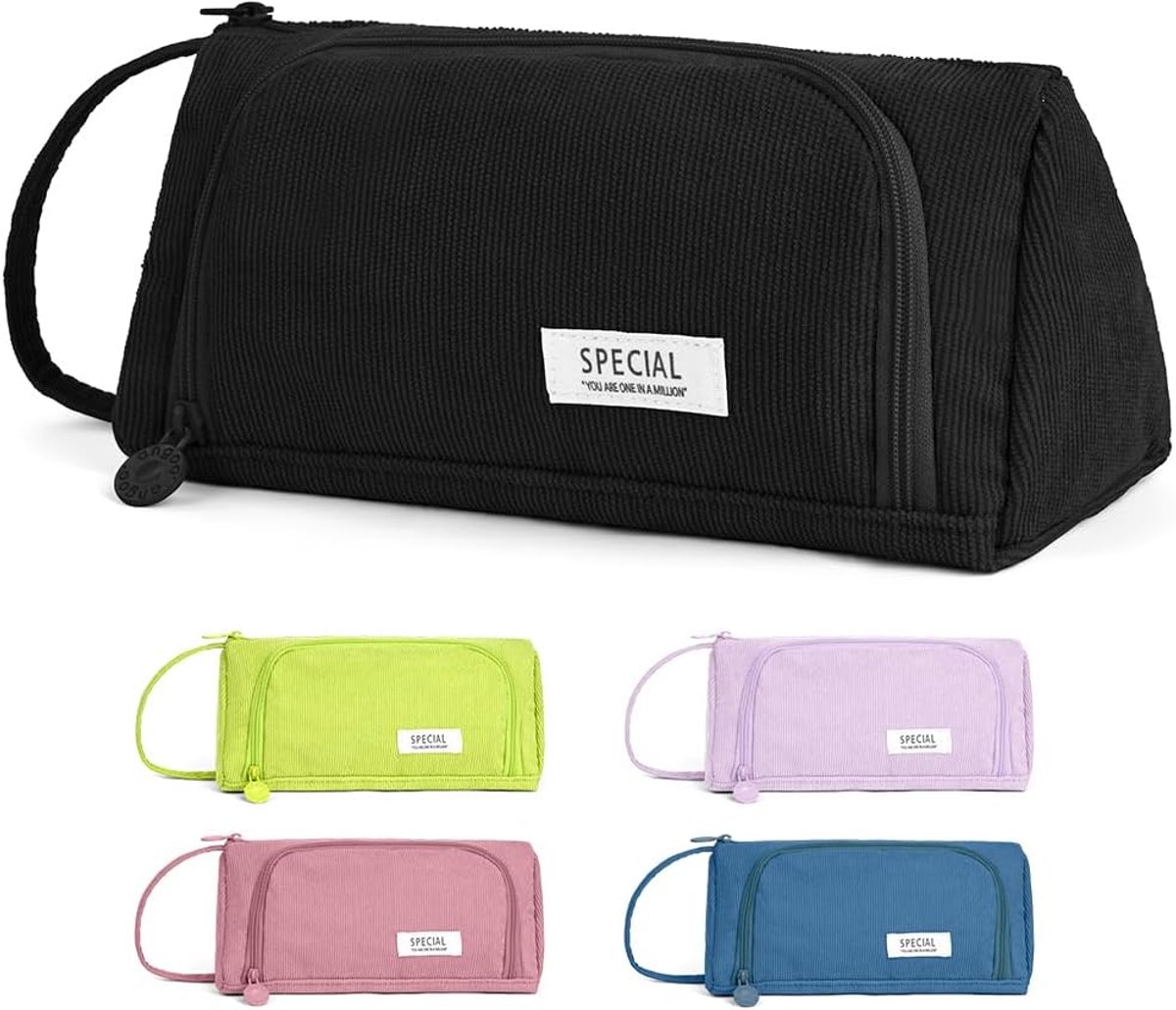 SnelShoppen - Etui Corduroystof Zwart, Grote Pennenetui voor Meisjes met 2 Compartimenten en Handvat, Perfect voor School, Kantoor en Tieners