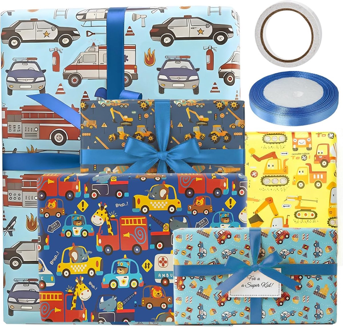 SnelShoppen - Cadeaupapier voor Kinderen met Bouwvoertuigen - 5 Vellen 70x50 cm - Gecoat Papier - Perfect voor Kinderverjaardag, Bruiloft en Babyshowe