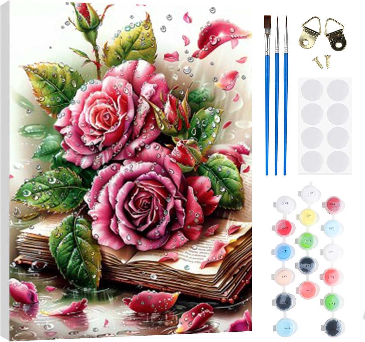 SnelShoppen - Rozen Schilderen op Nummer Set voor Kinderen 5-7 Jaar - Inclusief Houten Frame, 3 Penselen en Acrylverf - 20 x 30 cm - Creatief Schilder