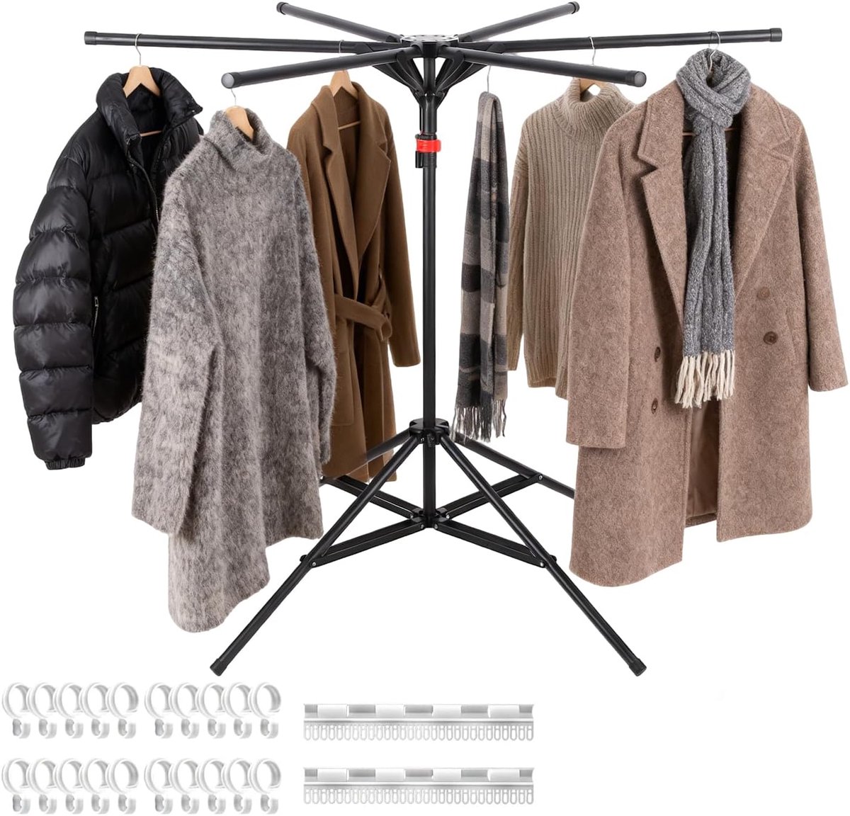 SnelShoppen - Vouwbare 6-vinger Wasrek met 20 Haken en 2 Sokclips, Verstelbaar van 120 tot 170 cm, Ideaal voor Camping, Balkon, Binnen en Buiten (Zwar