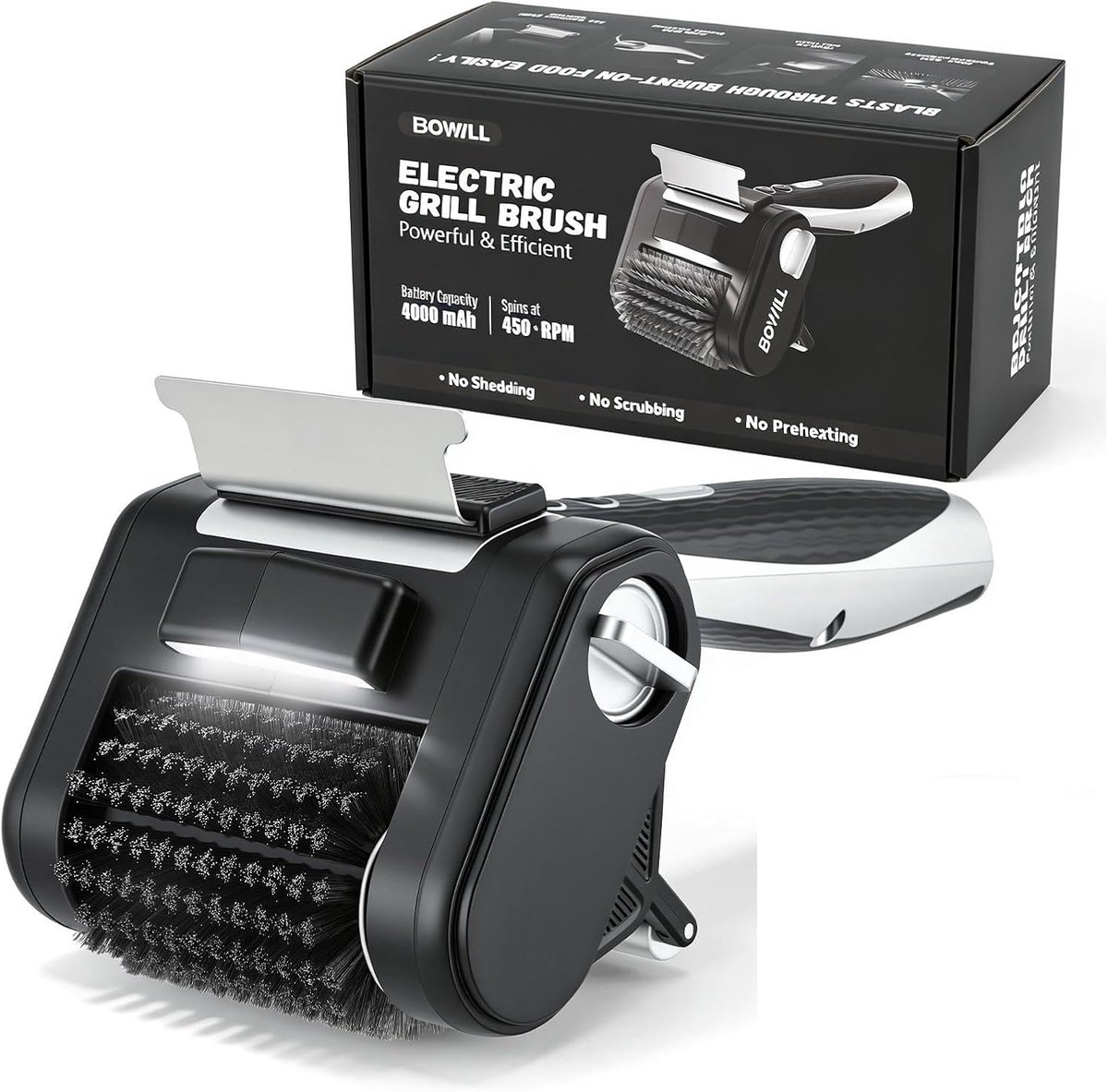 SnelShoppen - Draadloze Elektrische Grillborstel met LED Licht, 304 RVS, 4000mAh Accu, 450 U/min, Ideaal voor Gas en Porselein, BBQ Schoonmaak, Tuin e