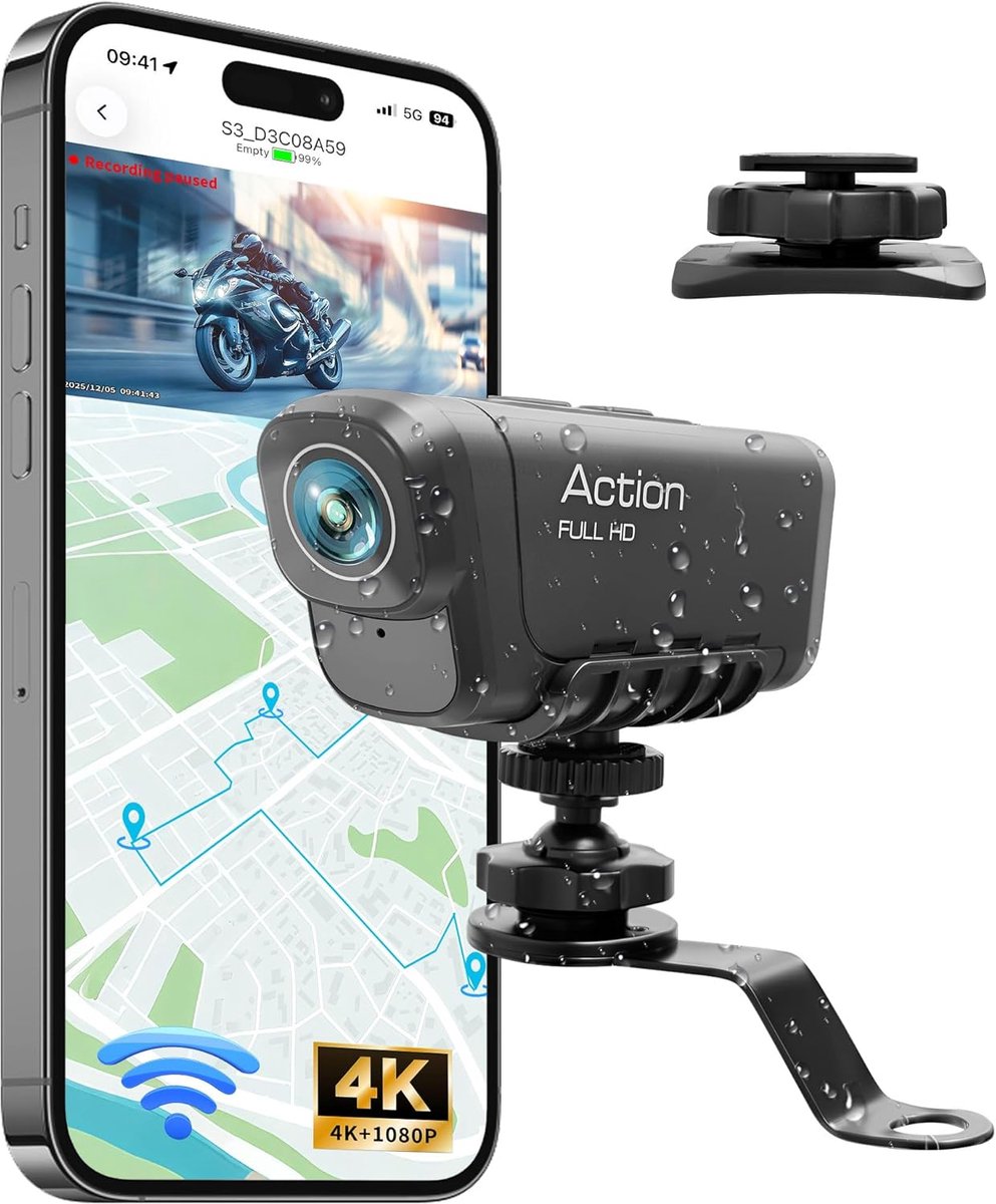 SnelShoppen - Dashcam Motorfiets 4K + 1080P, WiFi Voor- en Achtercamera met GPS, HDR, 6 Uur Batterij, Volledig Waterproof, Nachtzicht, Actiecamera Hel
