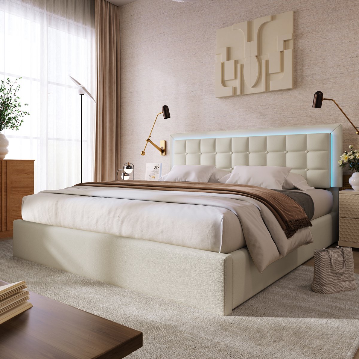 WUVRIE Opbergbed 180x200 cm met lattenbodem, LED-verlichting en kunstleren bekleding, wit