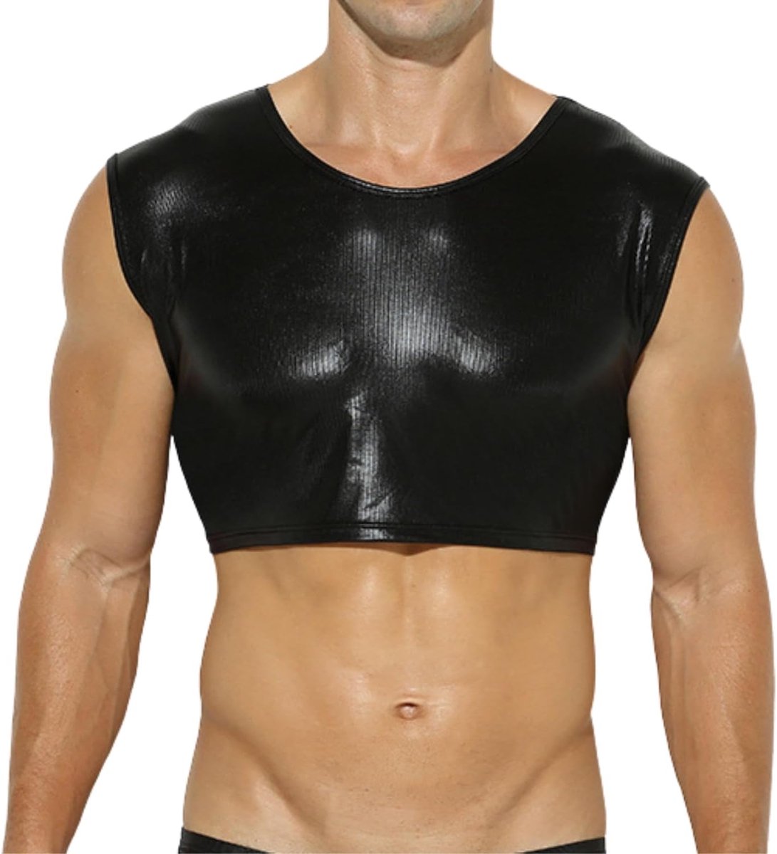 Leren crop-top voor heren, wetlook, kort, spiershirt, lingerie, lakleer, mouwloos, tanktop mannen, slim fit, imitatieleer, onderhemd, ronde hals, prikkelend ondergoed, bovendeel