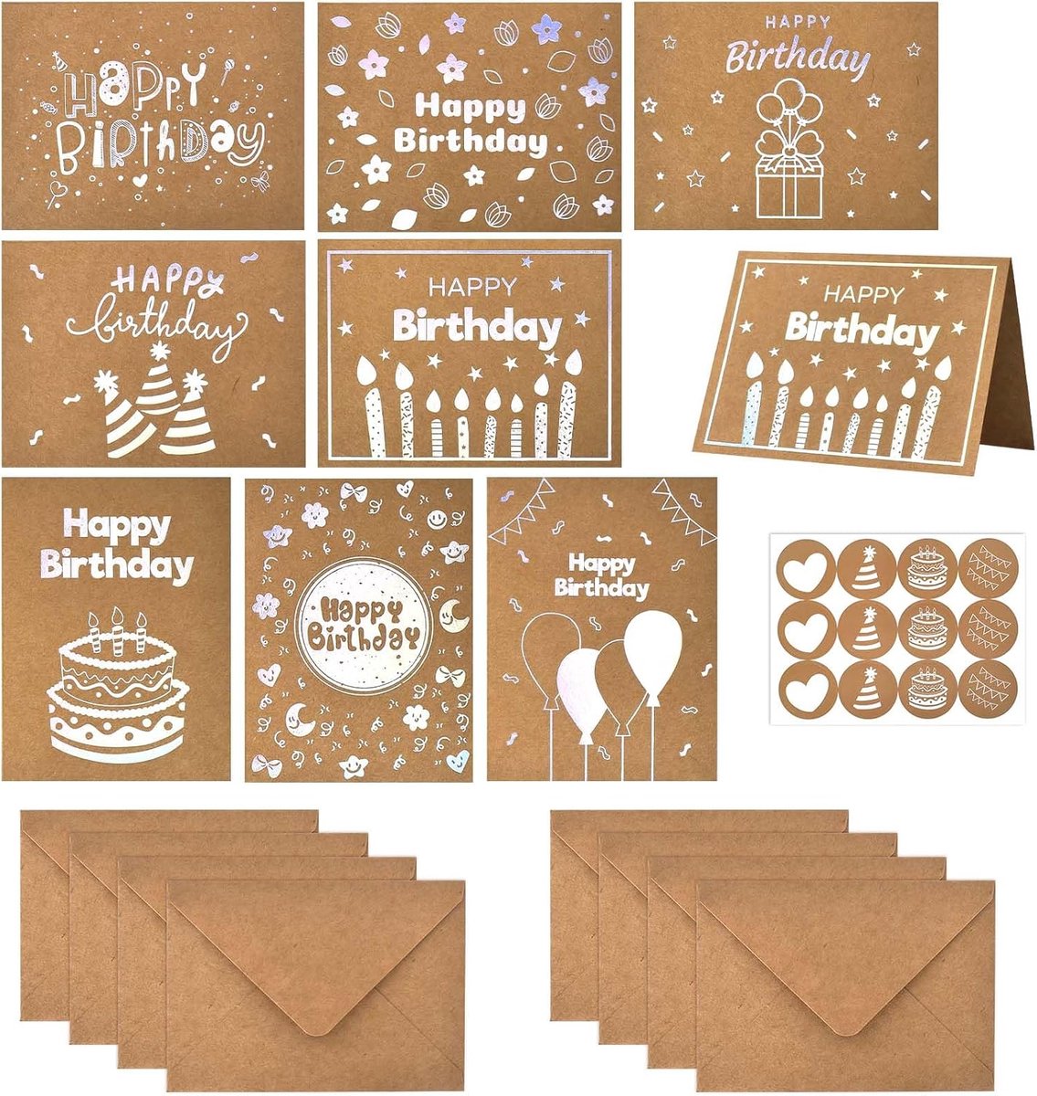 Wenskaarten met envelop, retro kraftpapier, verjaardagskaart van zilverfolie, voor vrouwen, mannen en kinderen