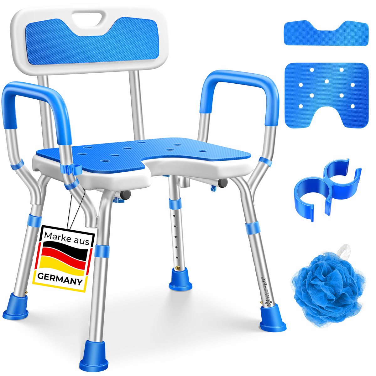 KESSER® Douchekruk met rugleuning - 6 standen verstelbaar 38-54 cm - tot 150 kg - antislip - wit/blauw