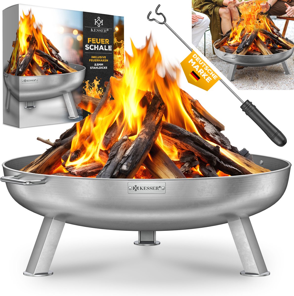 KESSER® Vuurschaal - roestvrij staal 2,5 mm - met gietijzeren pook en waterafvoer - Ø 60 cm